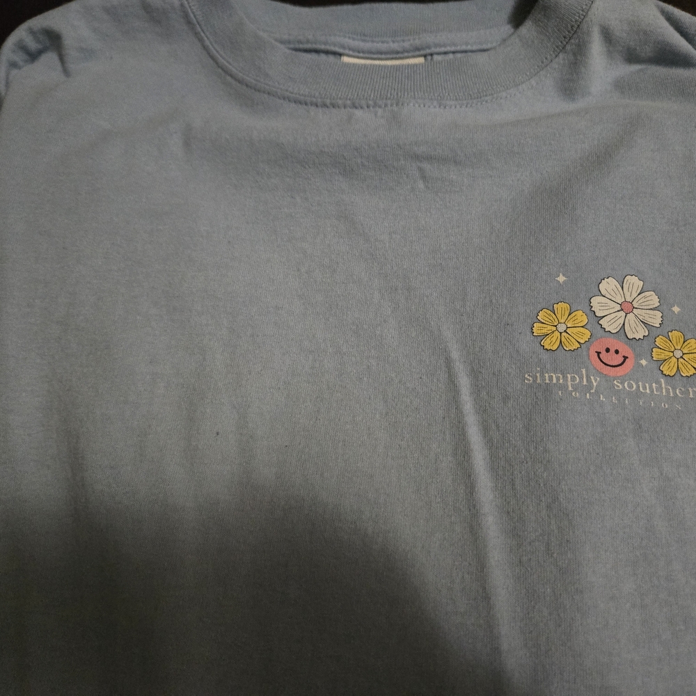 Simply Southern Light Blue Long Sleeve Tee with Floral Smiley Graphic